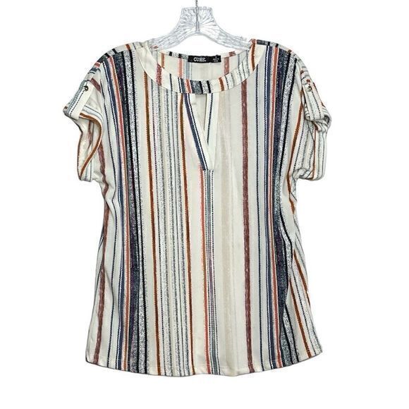 CURE Keyhole Striped Short Sleeve Top Blouse‎ Blue Red Stretch Size S - Picture 1 of 8